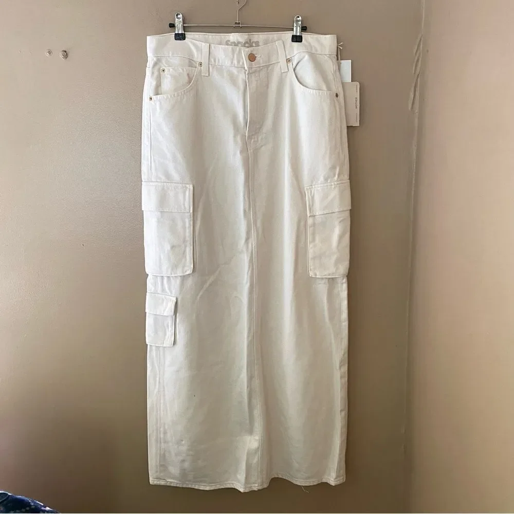 NWT Mother SNACKS! The Fun Dip Cargo Skirt Natural white denim maxi Revolve 29